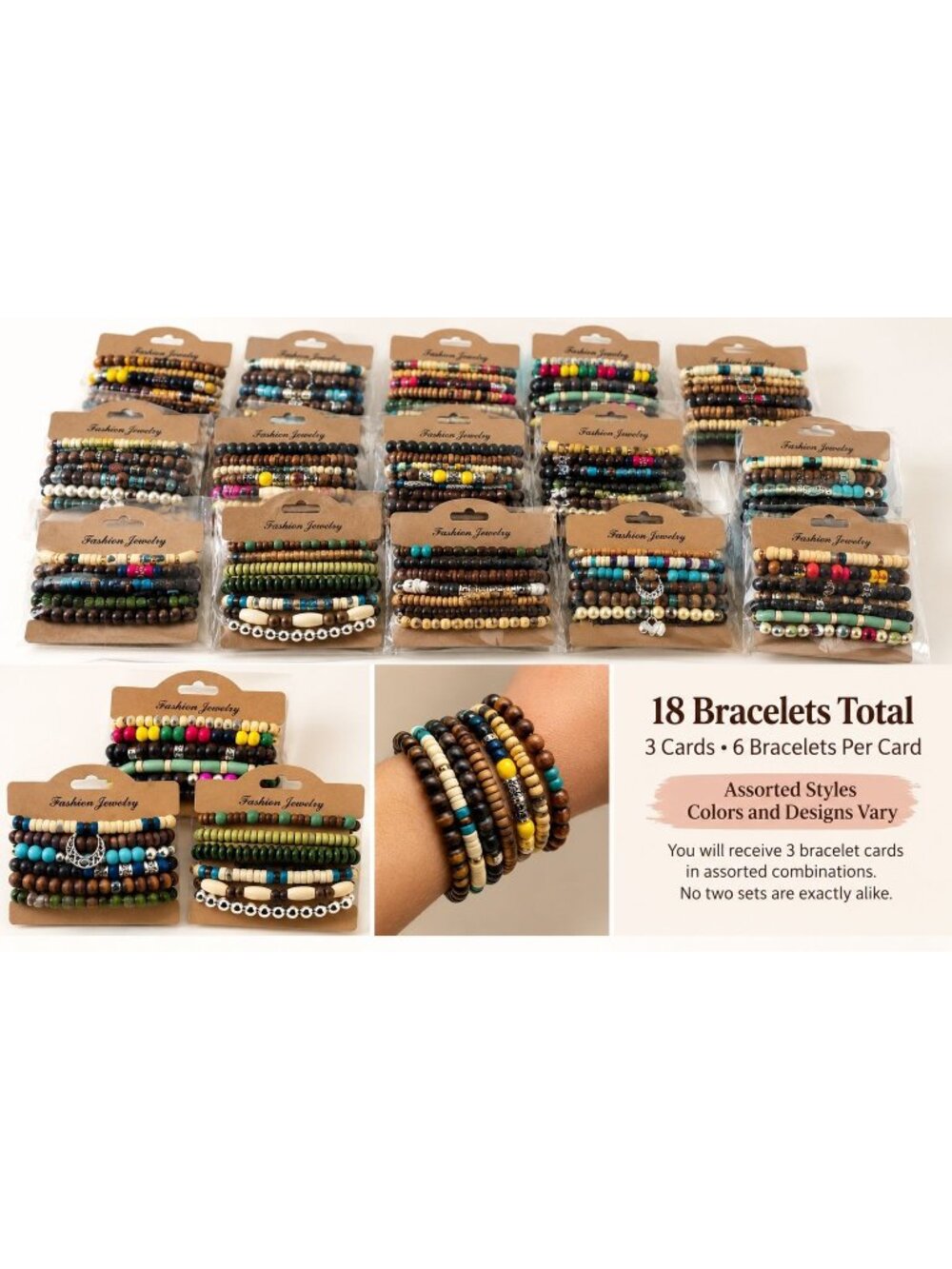 NWT 18pc Beaded Bracelet Lot Set of 3 Cards Boho Assorted Stretch